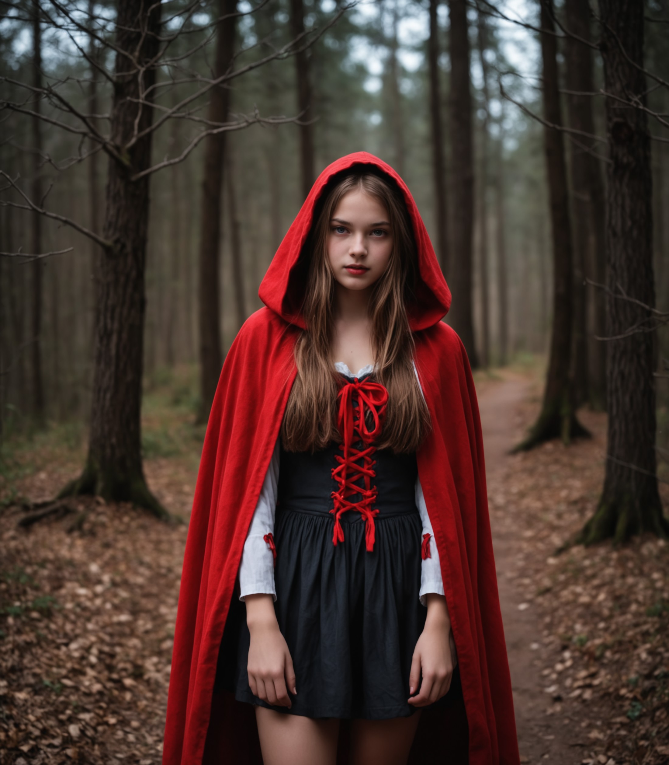 photo, Red Riding Hood, 18 years old, natural dark lighting,  best quality